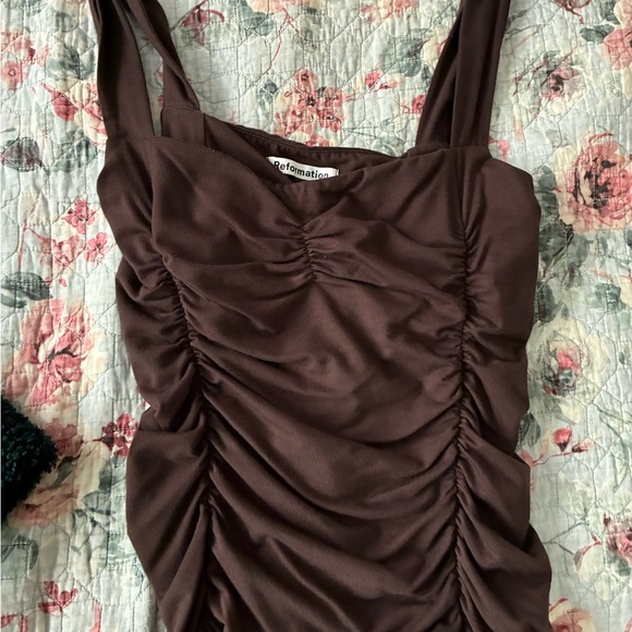 Reformation Brown Ruched Square-Neck Midi Dress - Picture 8 of 8